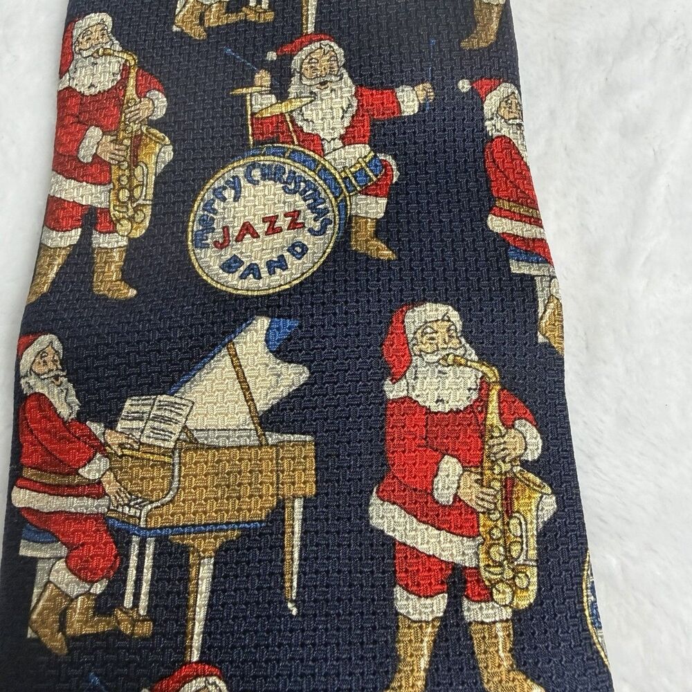 Vintage Neiman Marcus Silk Tie Merry Christmas Jazz Band Santa Saxophone Drums